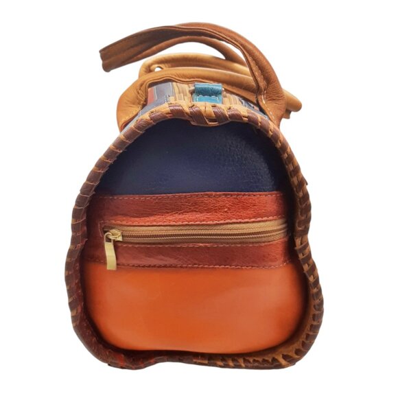 VTG Leather Multicolored Patchwork Barrel Bag Satchel Made In Mexico Purse Bag - Picture 4 of 13